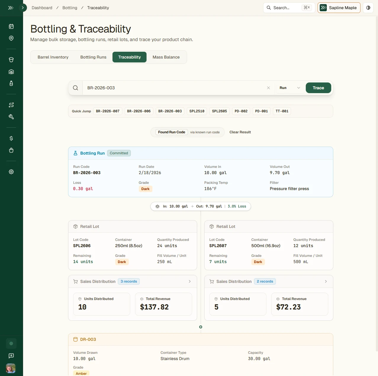 Sapline traceability view showing lot history from collection through bottling