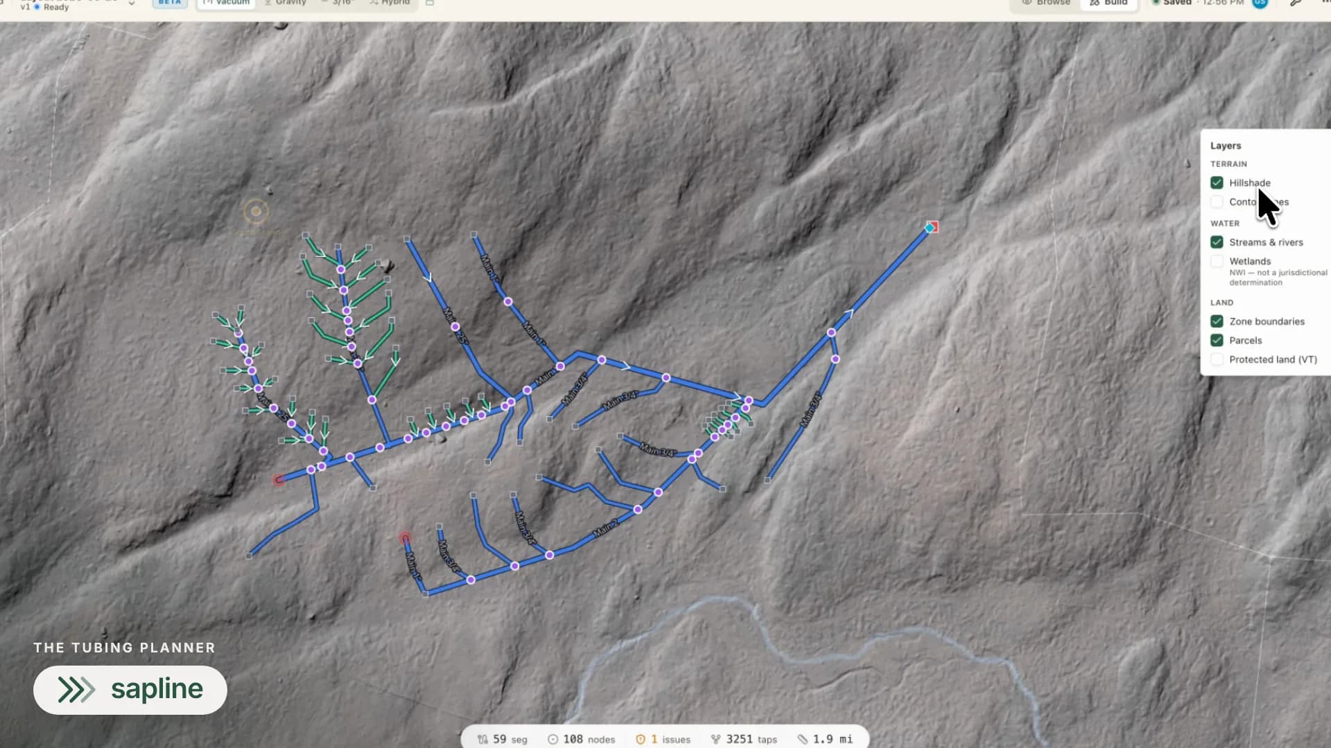 Sapline tubing planner showing mainlines and laterals drawn over LiDAR hillshade terrain, with validation results and a bill of materials